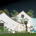 Floral Art Installation in Chinese style Courtyard With Rabbit Sculpture Greenery And Calligraphy Screens