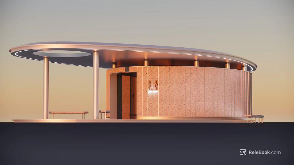Modern Building With Curved Roof Wooden Exterior Wall Entrance Light And Bench 3d model 