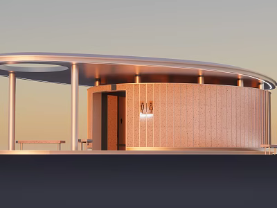 Modern Building With Curved Roof Wooden Exterior Wall Entrance Light And Bench 3d model