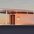 Modern Building With Curved Roof Wooden Exterior Wall Entrance Light And Bench