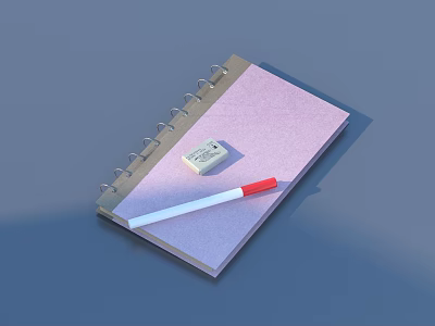 Pink Spiral Notebook With White Eraser And Red Pen On Blue Background 3d model