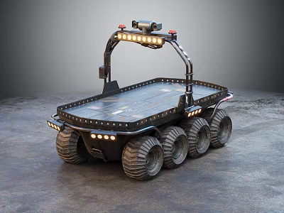 Industrial Flatbed Vehicle With Multiple Large Tires And Top Mounted Lights 3d model