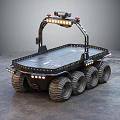 Industrial Flatbed Vehicle With Multiple Large Tires And Top Mounted Lights