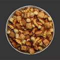 Golden Mixed Crispy Snacks in White Bowl with Different Shapes and Crunchy Texture