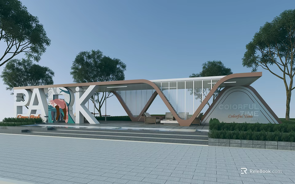 Modern Park Pergola Featuring Colorful Design Trees Seating And Steps 3d model 