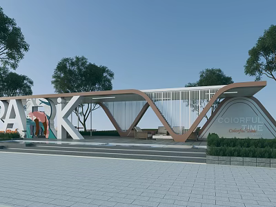 Modern Park Pergola Featuring Colorful Design Trees Seating And Steps 3d model