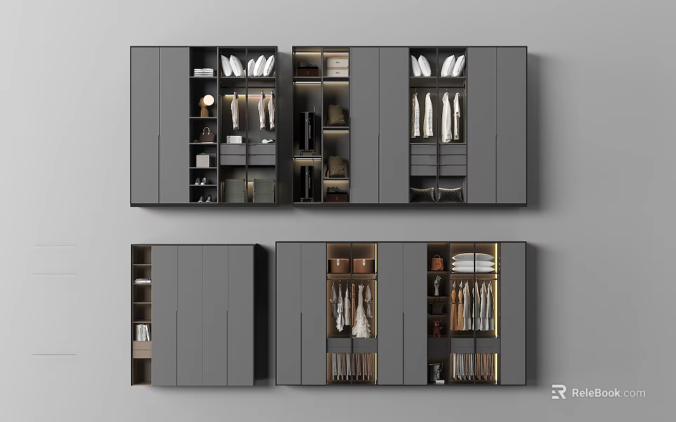 Modern Gray Wardrobe With Multiple Compartments Hanging Clothes And Storage Drawers 3d model