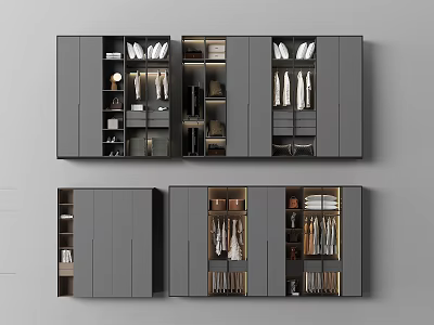 Modern Gray Wardrobe With Multiple Compartments Hanging Clothes And Storage Drawers 3d model