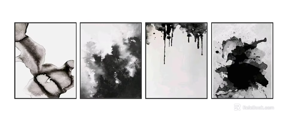 Abstract Paintings with Black and White Ink Drip Splatter Effect Modern Wall Art 3d model 