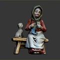 Elderly Woman With Green Headscarf Knitting While Sitting On Bench With White Cat