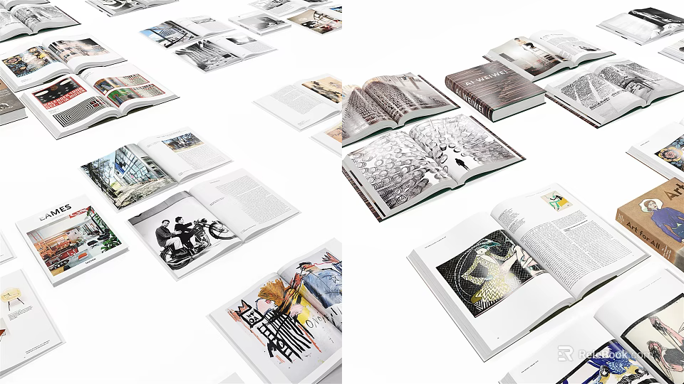 Open Books and Magazines with Various Covers and Visual Content Pages 3d model