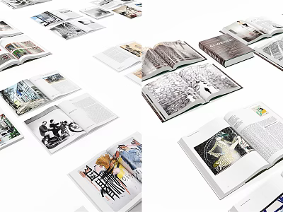 Open Books and Magazines with Various Covers and Visual Content Pages 3d model