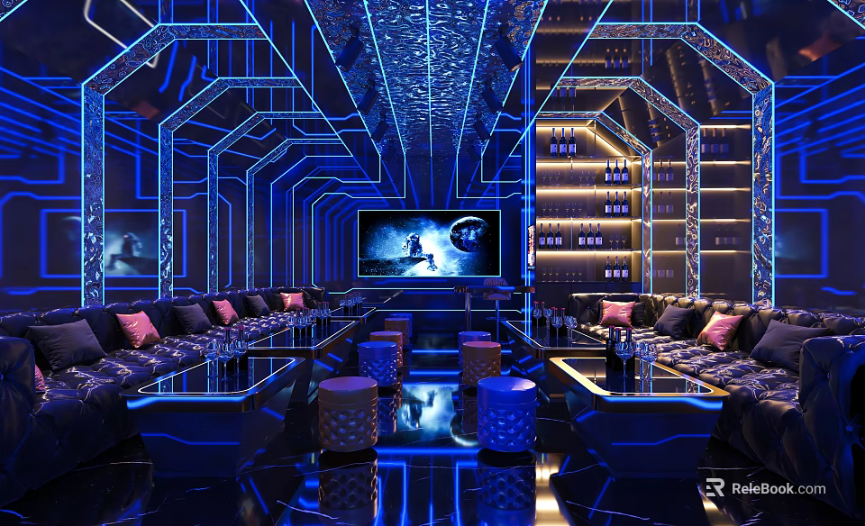 Modern KTV Interior With Vibrant Lighting Plush Sofas Large Screen And Cozy Seating 3d model