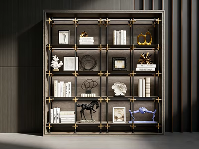 Modern Elegant Bookcase With Gold Accent Frame And Books Sculptures Photo Frames 3d model