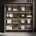 Modern Elegant Bookcase With Gold Accent Frame And Books Sculptures Photo Frames