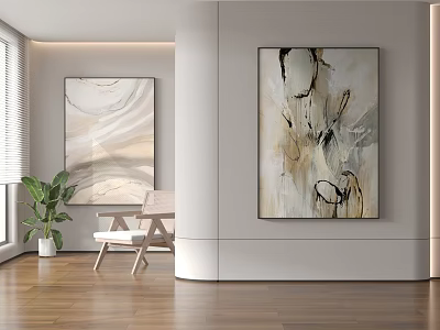 Modern Interior With Abstract Paintings Wooden Floor Green Plant And Chair 3d model