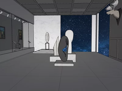 Art Gallery Interior With Starry Sky Background Sculptures And Deer Head 3d model