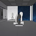 Art Gallery Interior With Starry Sky Background Sculptures And Deer Head