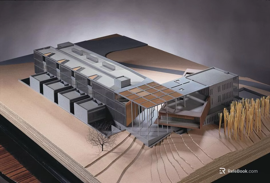 Industrial Factory Building Model Showcasing Modern Metal Roof Glass Facade And Surrounding Sand Terrain 3d model 