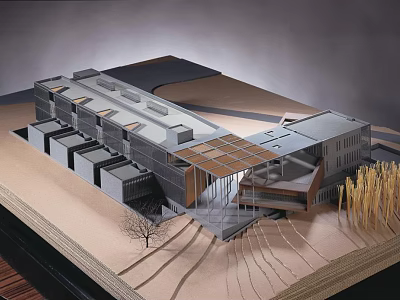 Industrial Factory Building Model Showcasing Modern Metal Roof Glass Facade And Surrounding Sand Terrain 3d model
