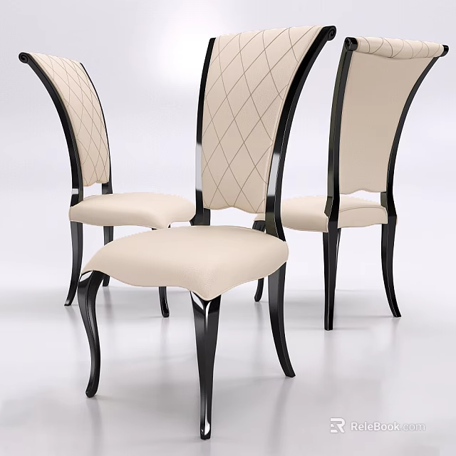 Elegant Dining Chairs with Beige Diamond Tufted Back and Black Curved Legs Design 3d model 