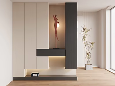 Modern Entryway With White Dark Cabinets Sculpture Decor Ambient Lighting Potted Plant And Wooden Floor 3d model