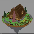 Pixel Art Wooden House On Floating Island With Brown Roof Green Trees And Pink Tower