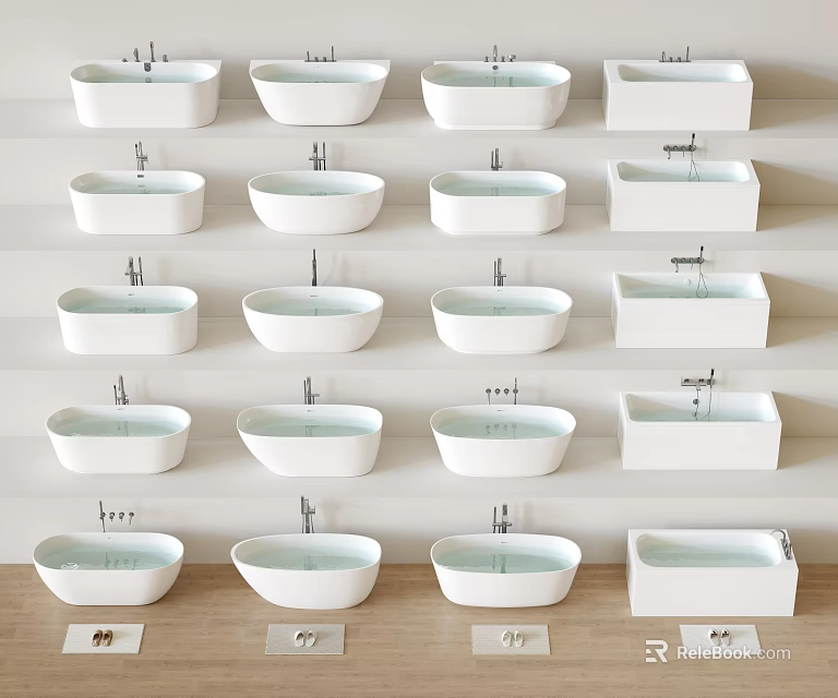 Variety of White Bathtub Designs Arranged in Rows 3d model 