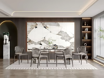 Modern Elegant Restaurant Interior With Dining Table Chairs Large Decorative Wall Art And Wooden Floor 3d model
