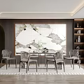 Modern Elegant Restaurant Interior With Dining Table Chairs Large Decorative Wall Art And Wooden Floor