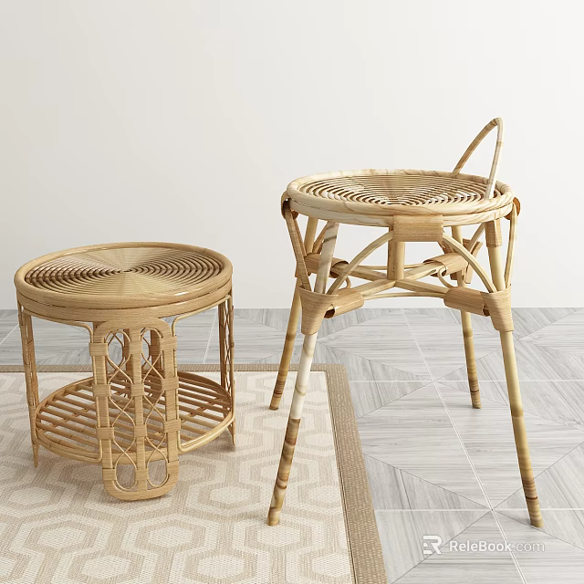 Modern Rattan Stools With Handcrafted Openwork Structure And Light Wood Tone Design 3d model 