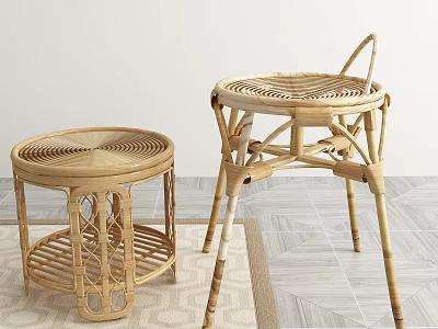 Modern Rattan Stools With Handcrafted Openwork Structure And Light Wood Tone Design 3d model