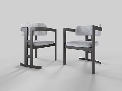 Two Modern Leisure Chairs With Gray Fabric Upholstery And Black Metal Support Frames 3d model