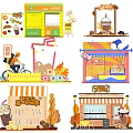 Colorful Cartoon Style Small Shop Models Including Drink And Dessert Stores With Decorations