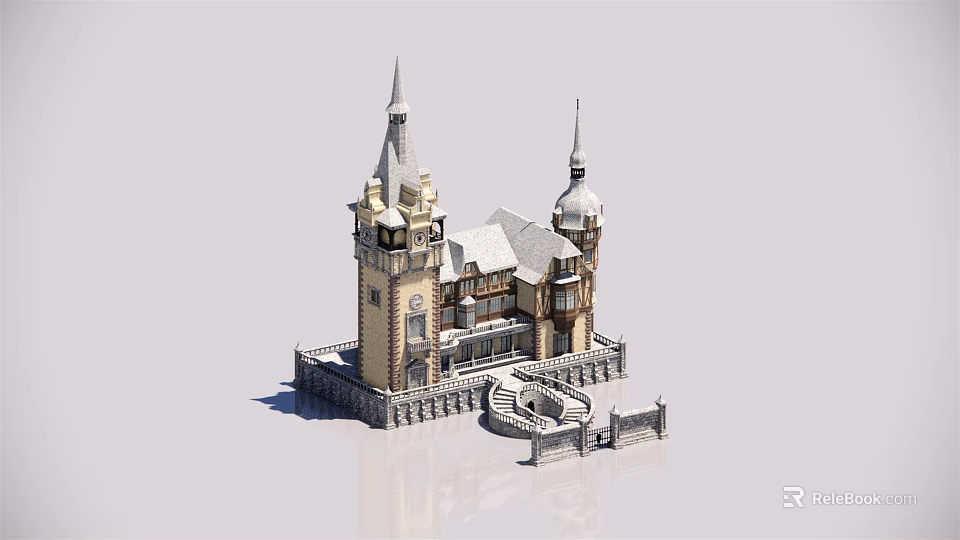 Elegant European style Architecture with Twin Towers and Ornate Stone Details 3d model 