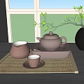 Elegant Tea Set with Teapot Teacup and Jar on Bamboo Mat by Window with Branch Vase