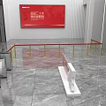 Modern Front Desk Reception Area With Red Digital Screen Marble Floor And Red Velvet Ropes