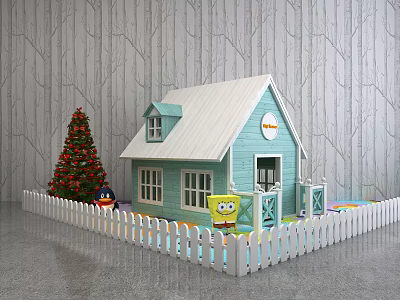 SpongeBob and Penguin Dolls in Front of Blue Playhouse with White Fence and Christmas Tree 3d model