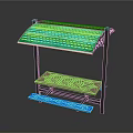 Outdoor Table With Green Perforated Canopy Wooden Tabletop Blue Base And Metal Frame