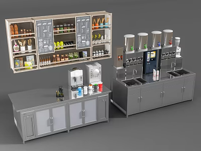 Commercial Kitchen Equipment With Display Cabinet Beverage Dispensers Workstation And Storage Cabinets 3d model