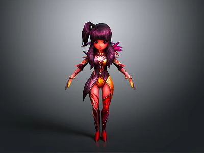 3D Fantasy Female Character With Purple Ponytail Red Purple Outfit And Decorative Wings 3d model