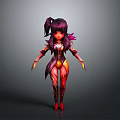3D Fantasy Female Character With Purple Ponytail Red Purple Outfit And Decorative Wings