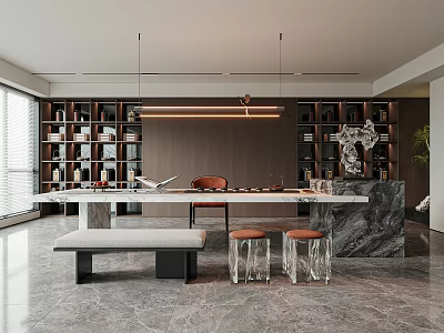 Modern Tea Room Interior With Shelves Marble And Transparent Stools 3d model