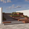 Modern City Step Landscape With Illuminated Steps Green Plants And People In Evening