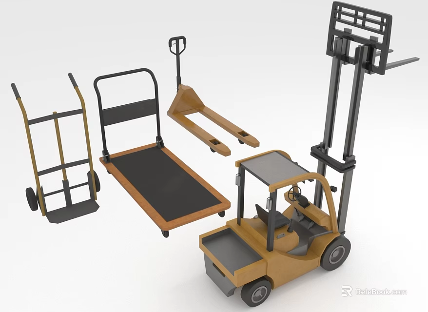 Various Material Handling Equipment Including Hand Truck Platform Truck Pallet Jack And Forklift 3d model 