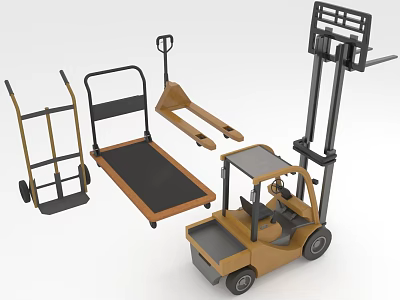 Various Material Handling Equipment Including Hand Truck Platform Truck Pallet Jack And Forklift 3d model