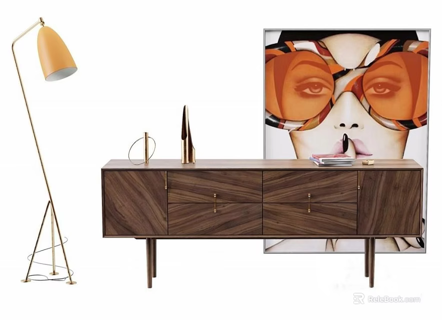 Modern Walnut TV Stand with Drawers and Floor Lamp Near Abstract Artwork 3d model 