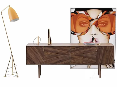 Modern Walnut TV Stand with Drawers and Floor Lamp Near Abstract Artwork 3d model