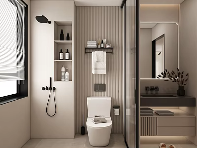 Modern Minimalist Bathroom Interior With White Toilet Shelves Towel Rack Mirror And Shower 3d model