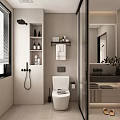 Modern Minimalist Bathroom Interior With White Toilet Shelves Towel Rack Mirror And Shower